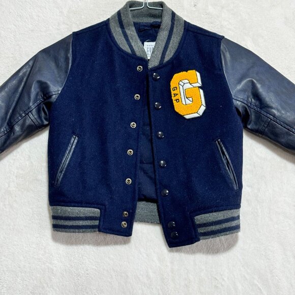 Baby Gap 4T Faux Leather Wool Letterman Bomber Stylish Spring Jacket - Picture 2 of 15